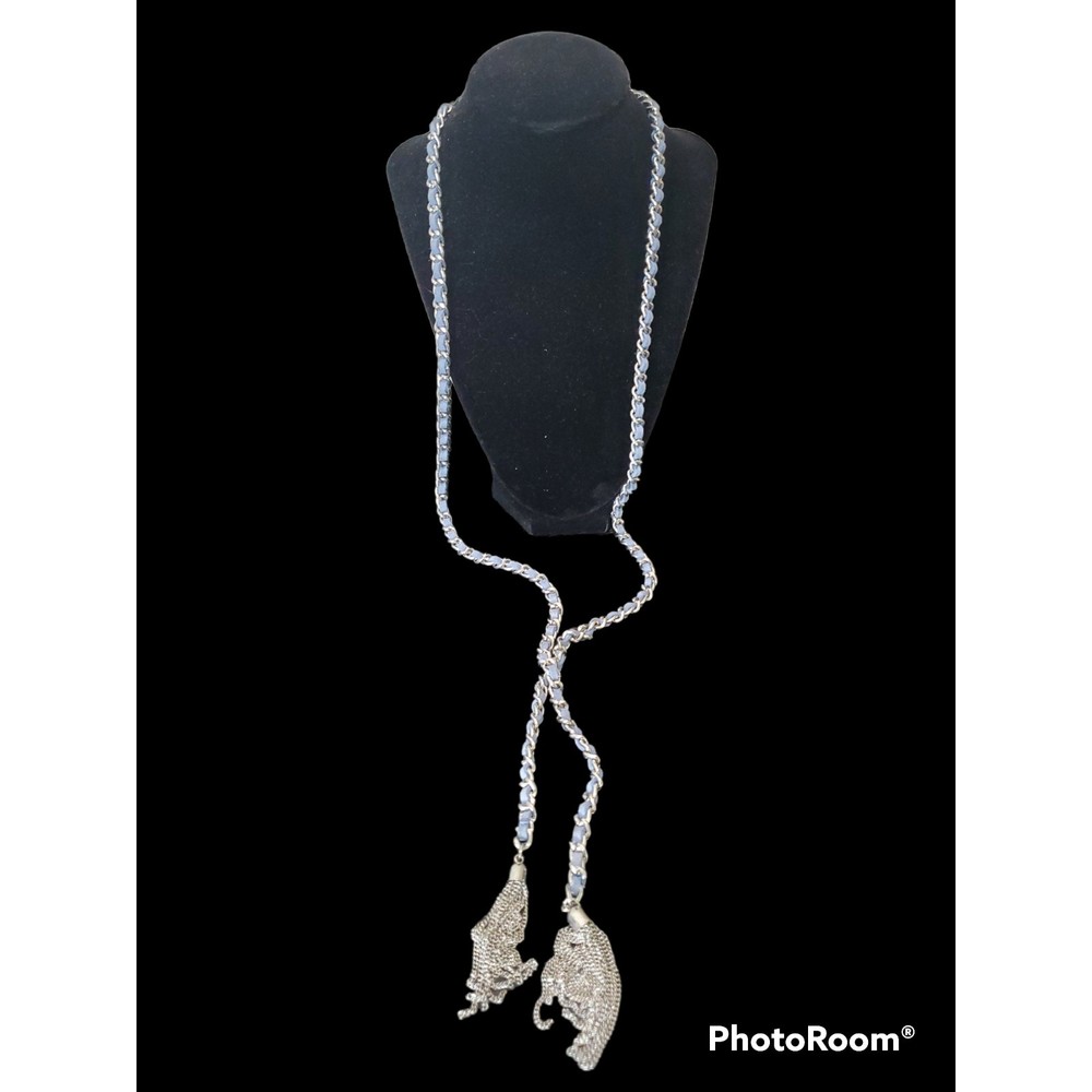 Guess Leather and Silvertone Intertwining Chain Necklace with Tassels